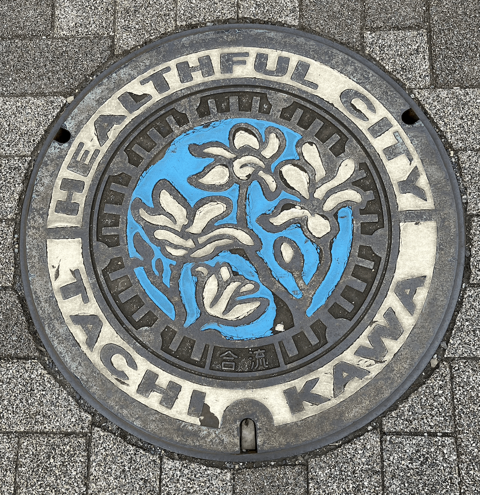 合流 = confluence (A manhole at the confluence of two or more sewers.) The blue paint represents rainwater.